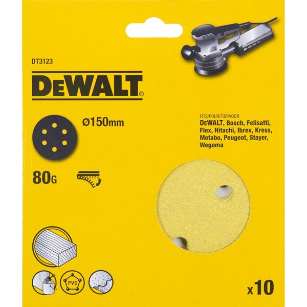 DeWalt SLIPPAPPER DT3123 EXCENT. 150MM, 10X80K, 6 HÅL