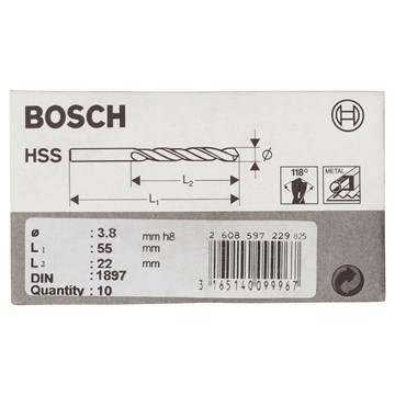 Bosch KAROSSERIBORR HSS-R 3,8X22X55MM 10ST