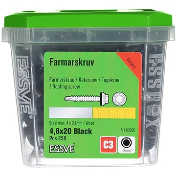 ESSVE FARMARSKRUV BS SEXKANTSHUVUD MBRICKA SVART 4,8X20 250ST